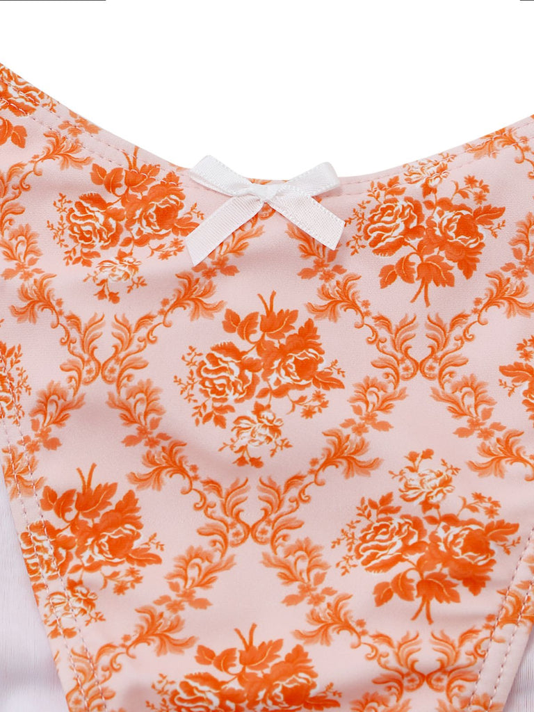 Orange 1970s Deep V-Neck Floral Print Tankini Set
