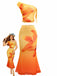 A vibrant two-piece set featuring an orange and yellow gradient with a large lily floral print, including a one-shoulder cropped top and a matching mermaid-style maxi skirt.