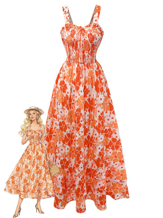Orange and white floral dress with a model wearing it on a white background