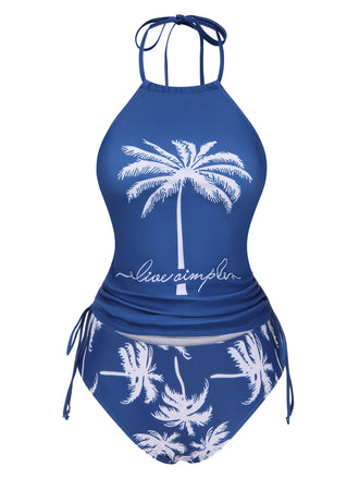 2PCS Blue 1960s Knot Tropical Print Halter Swimsuit