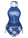 2PCS Blue 1960s Knot Tropical Print Halter Swimsuit