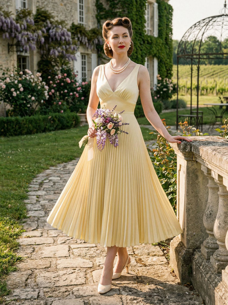 A model wearing the pale gold pleated dress in an outdoor garden setting, holding a bouquet of flowers.