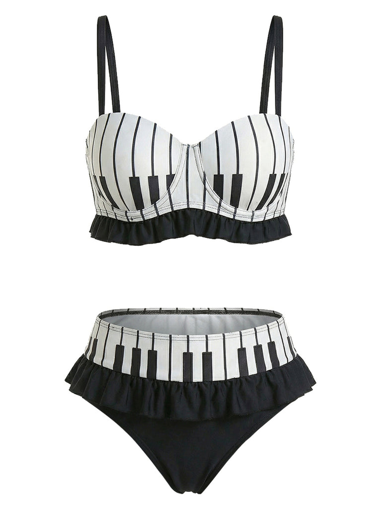 A black and white two-piece bikini set featuring a piano keyboard print, underwire cups with a ruffled hem, and high-waisted bottoms with a matching ruffled waist.