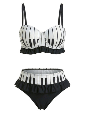 A black and white two-piece bikini set featuring a piano keyboard print, underwire cups with a ruffled hem, and high-waisted bottoms with a matching ruffled waist.