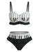 A black and white two-piece bikini set featuring a piano keyboard print, underwire cups with a ruffled hem, and high-waisted bottoms with a matching ruffled waist.