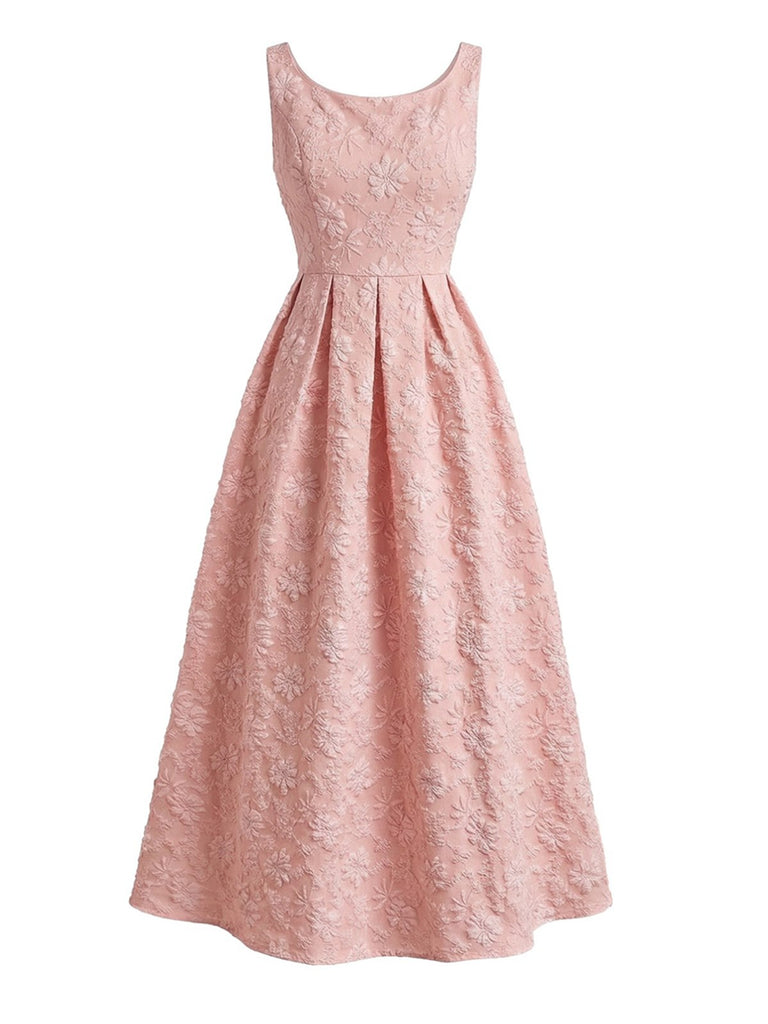 vintage maxi dresses Pink 1930s Floral Jacquard Sleeveless Maxi Dress