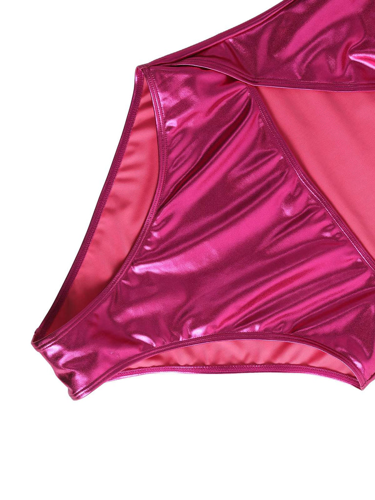 Close-up of a shiny pink bikini bottom on a white background