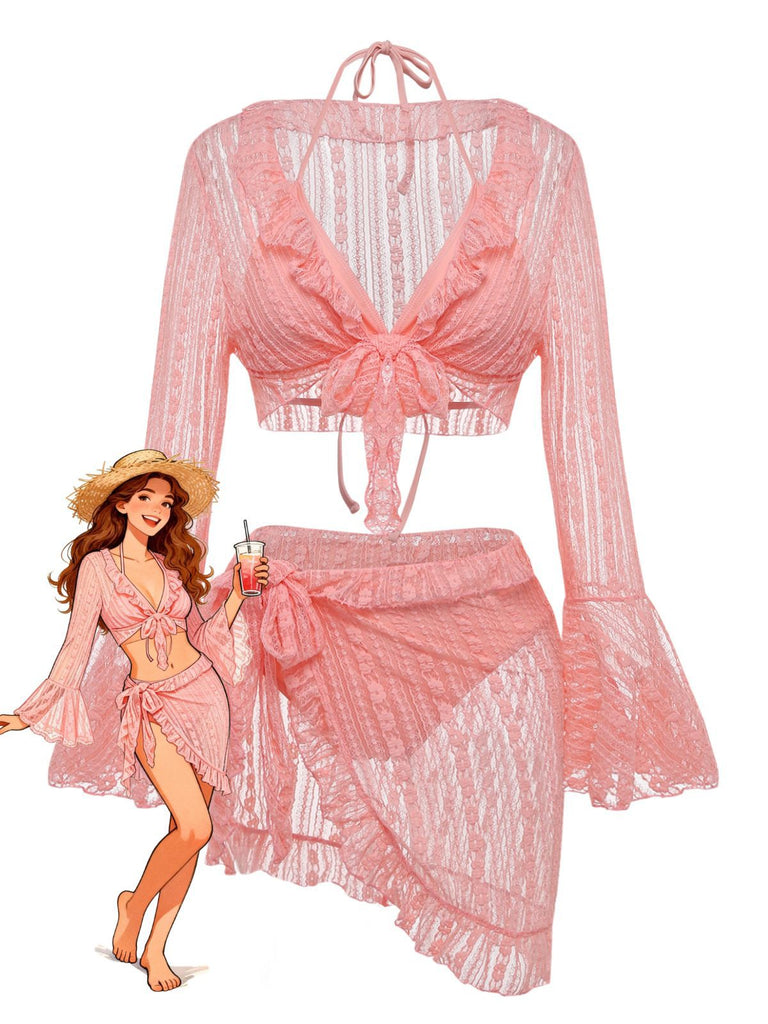 A pink 3-piece swimwear set including a triangle bikini top, high-waisted bottoms, and a matching lace bell-sleeve cover-up.