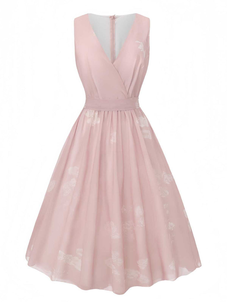 Full front view of the sleeveless pink floral dress showcasing its flared skirt.