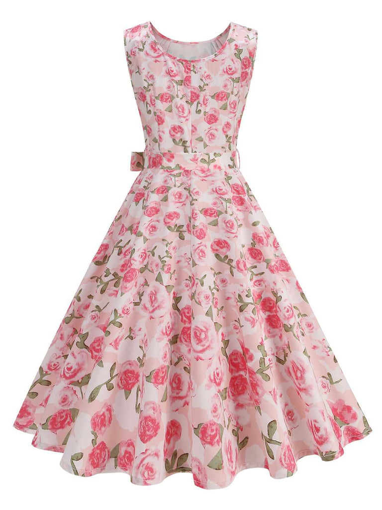 Rear view of the sleeveless floral dress showcasing the modest scoop neckline and continuous rose pattern.