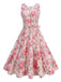Front studio view of the pink rose floral dress highlighting the fitted bodice and flared swing-style skirt.