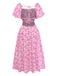 Rear view of the pink floral dress showcasing the square back and tie-neck detail.