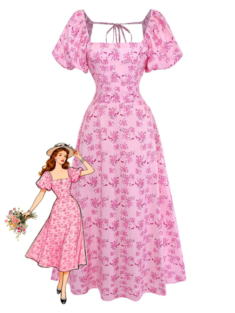 A pink midi dress with a square neckline, puff sleeves, and a vintage-inspired floral print, shown with a retro fashion illustration.