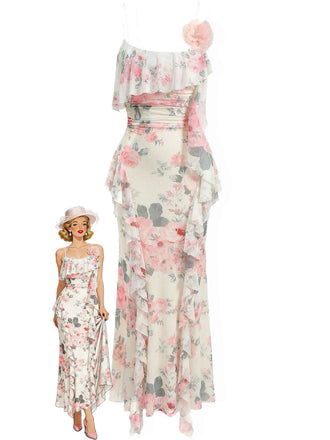 A cream-colored maxi dress featuring a romantic pink rose floral print, delicate spaghetti straps, and a ruffled neckline, shown with a retro fashion illustration.