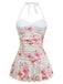 Front studio view of the floral swimsuit highlighting the ruched bodice and the flared skirt hem.