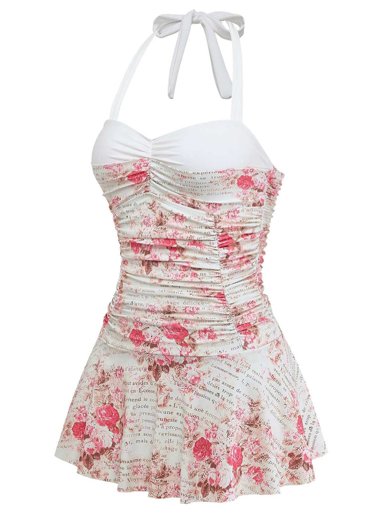Side view of the swimsuit showcasing the ruffled skirt layers and the halter neck ties.