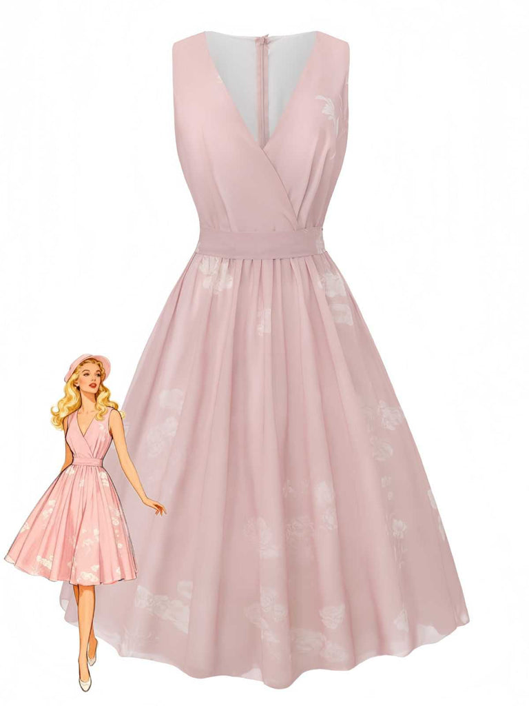 A sleeveless pink A-line dress with a subtle floral pattern, featuring a deep V-neckline and a cinched waist.