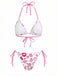 Back view of the pink kiss print bikini set highlighting the white interior lining and adjustable pink string ties.