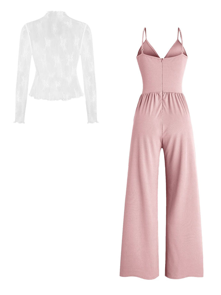 A soft dusty pink version of the high-neck lace top and matching wide-leg jumpsuit.