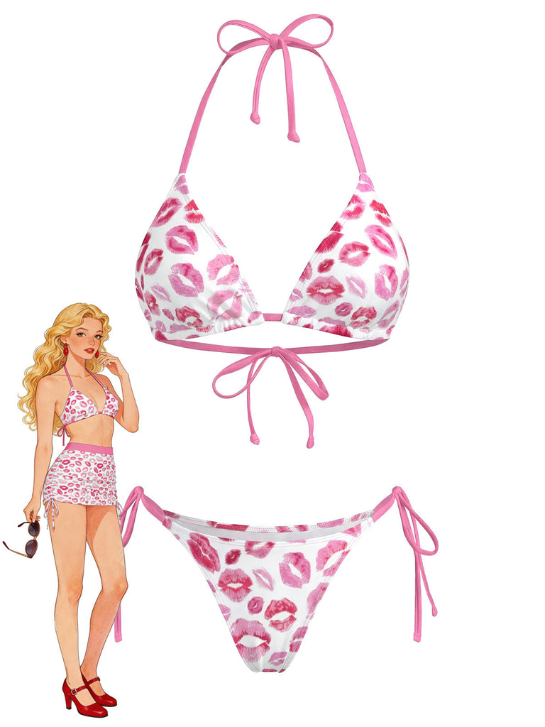 A white two-piece triangle bikini set featuring an all-over pink lipstick kiss mark print with adjustable halter and back ties.
