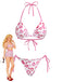 A white two-piece triangle bikini set featuring an all-over pink lipstick kiss mark print with adjustable halter and back ties.