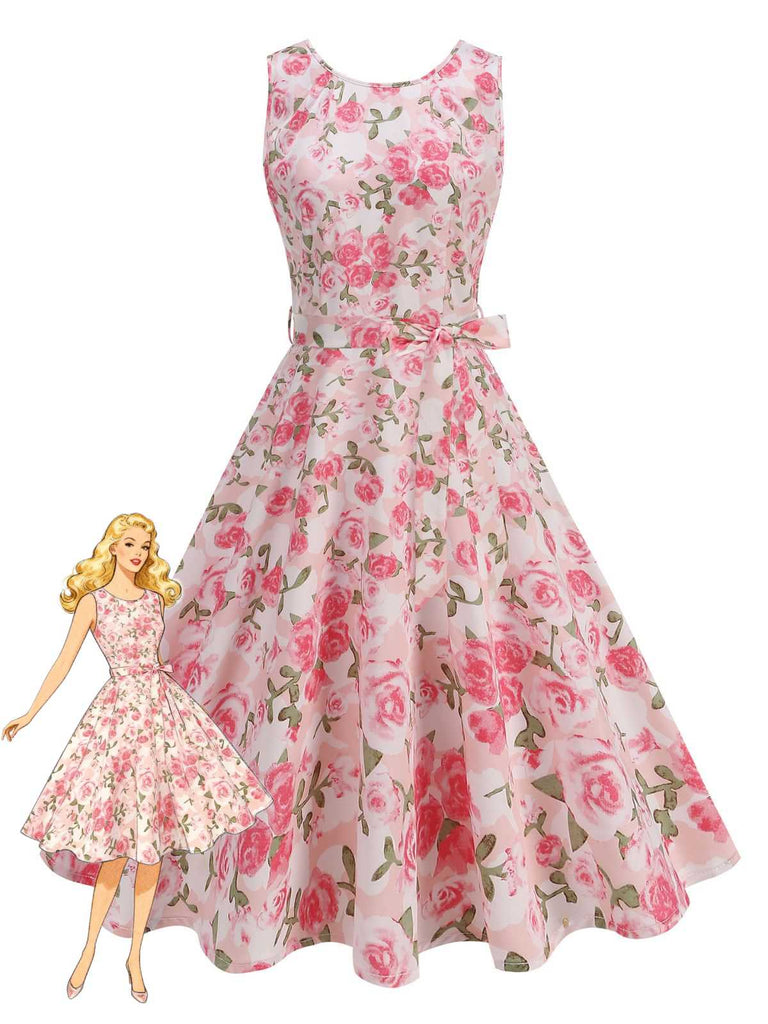 A sleeveless vintage-style A-line dress featuring a romantic pink rose floral print on a white background, complete with a matching waist tie.