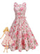 A sleeveless vintage-style A-line dress featuring a romantic pink rose floral print on a white background, complete with a matching waist tie.