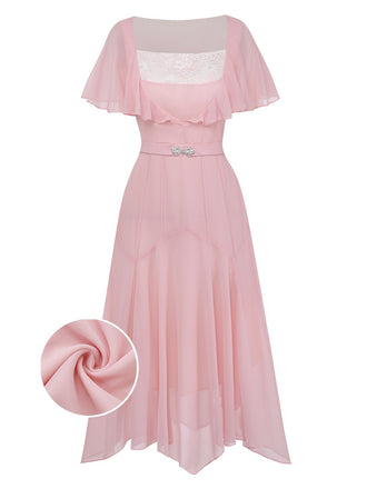 An elegant dusty pink vintage-inspired chiffon midi dress featuring a square neckline with a white lace inset and flowing ruffle sleeves.