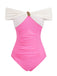 pink and white off-the-shoulder one-piece swimsuit with a sweetheart neckline and waist bow