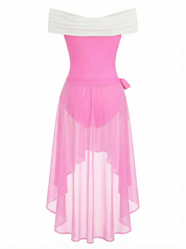 A hot pink and white vintage-style swim dress with off-the-shoulder sleeves, a sweetheart neckline, and a high-low pink mesh skirt featuring a bow detail at the waist.