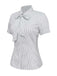 Three-quarter view of the blouse showing the slim-fit silhouette and short sleeves.