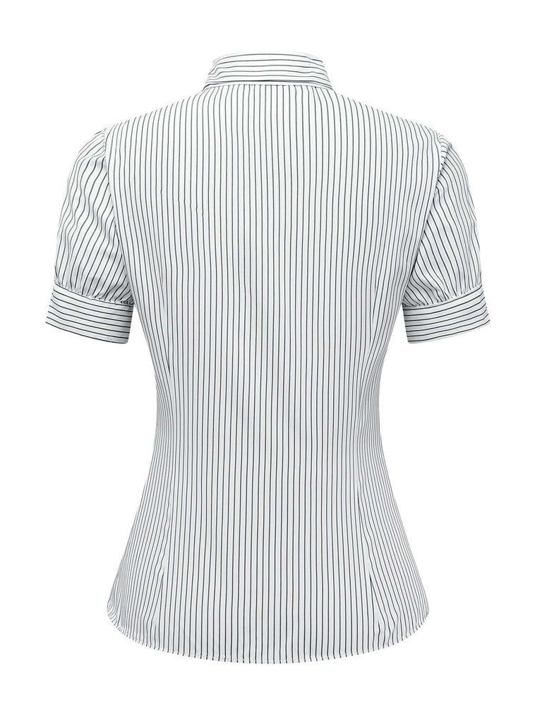 Rear view of the blouse showcasing the clean pinstripe pattern and tailored back seams.