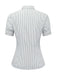 Rear view of the blouse showcasing the clean pinstripe pattern and tailored back seams.