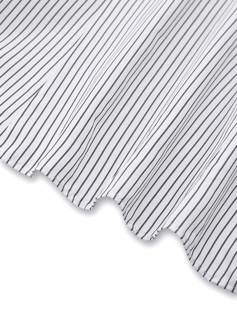 Macro shot of the pinstripe fabric showing the fine grey and white lines.