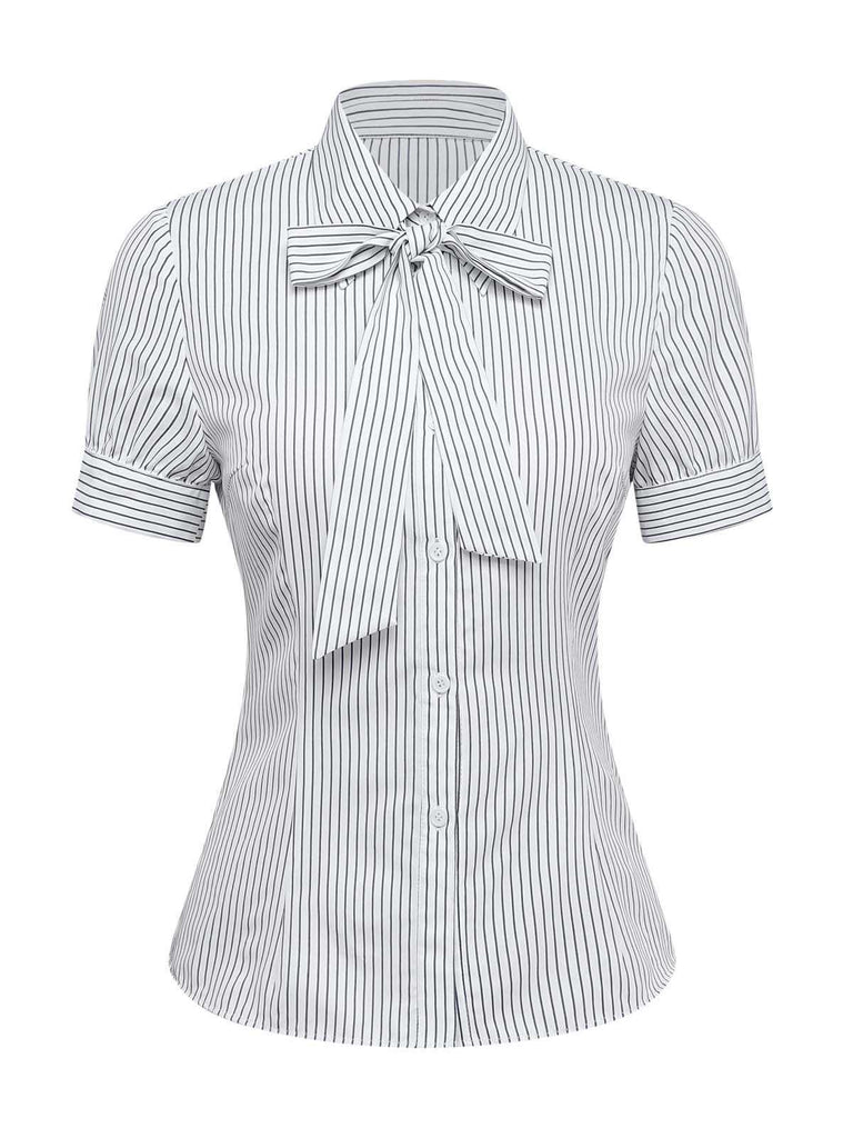 Full front view of the fitted pinstripe blouse highlighting the bow and button-down front.