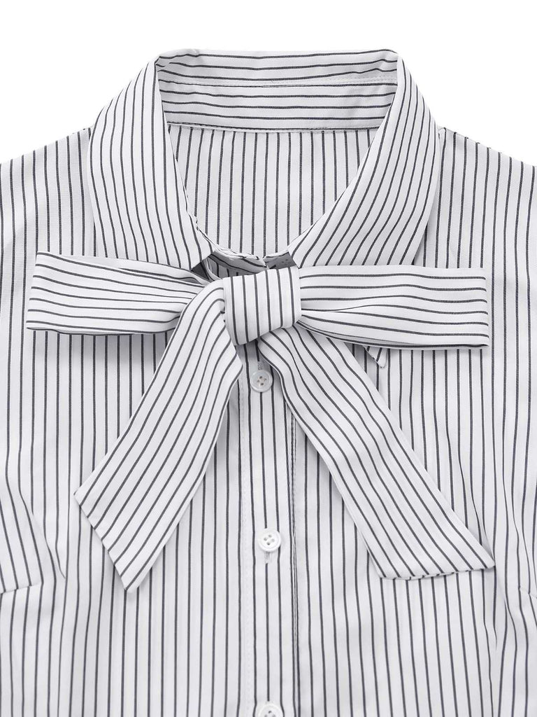 Close-up of the collar and the neatly tied pinstripe bow detail.