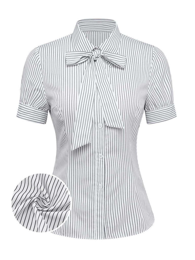 A white short-sleeve button-down blouse with grey vertical pinstripes and a built-in bow tie at the neck.