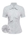 A white short-sleeve button-down blouse with grey vertical pinstripes and a built-in bow tie at the neck.