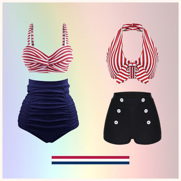 1940s Striped Colorblock Retro Bikini Set