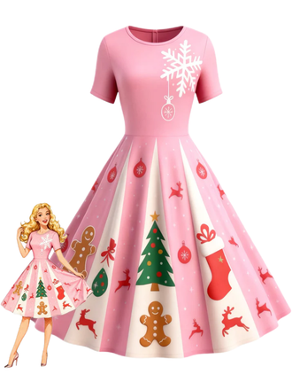 [Pre-Sale] Pink 1950s Christmas Snowflake Swing Dress