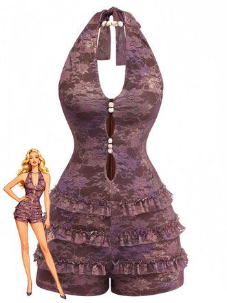 A stunning purple floral lace halter romper featuring a deep keyhole neckline with bead accents and feminine tiered ruffle shorts, shown with a vintage illustration.