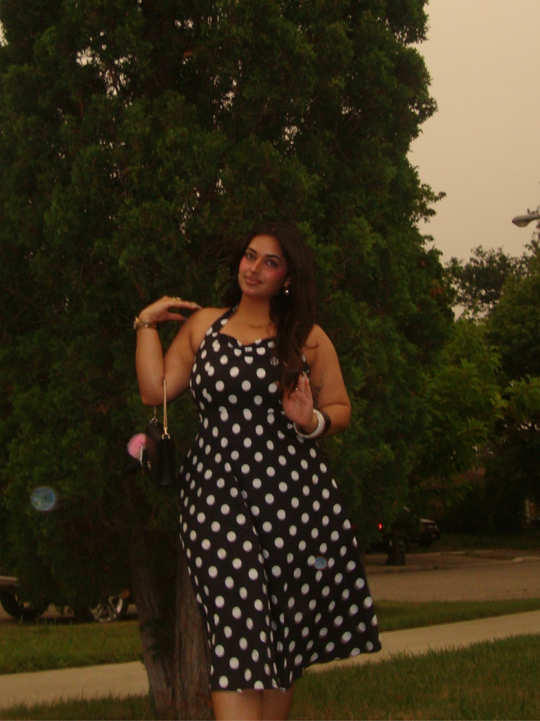 1950s Halter Contrast Polka Dots Belted Dress