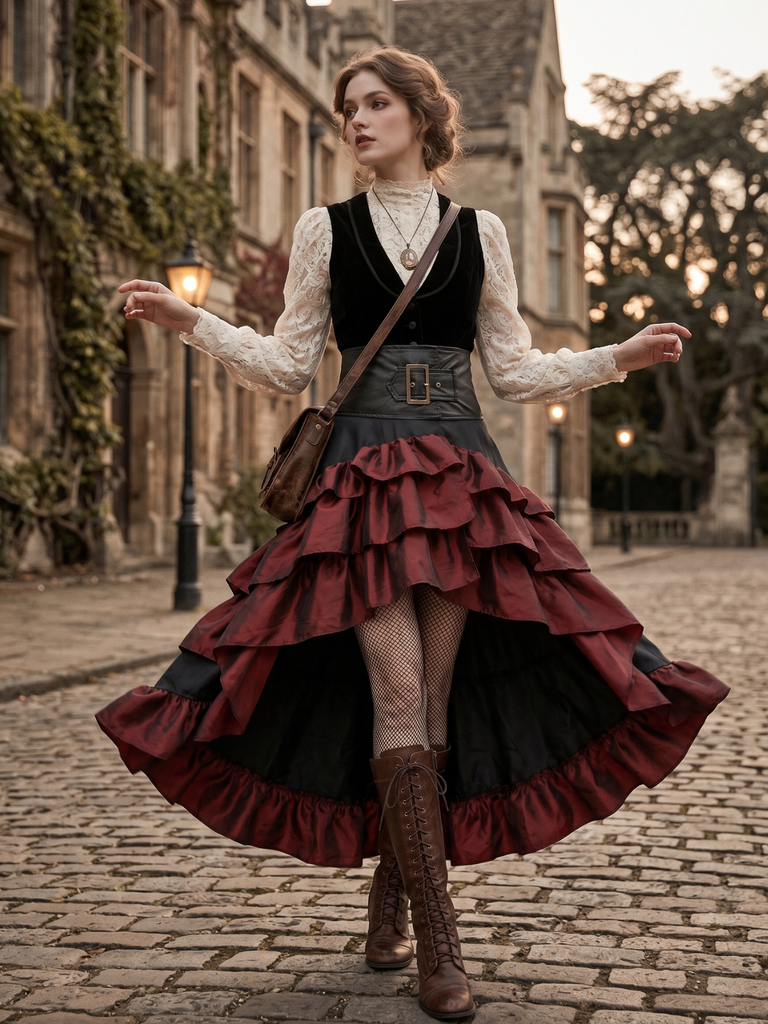 Red Ruffle Patchwork Irregular Skirt