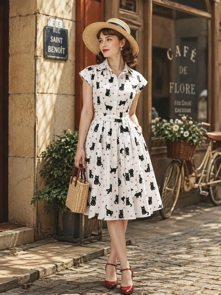1950s Cat Polka Dot Belted Shirt Dress