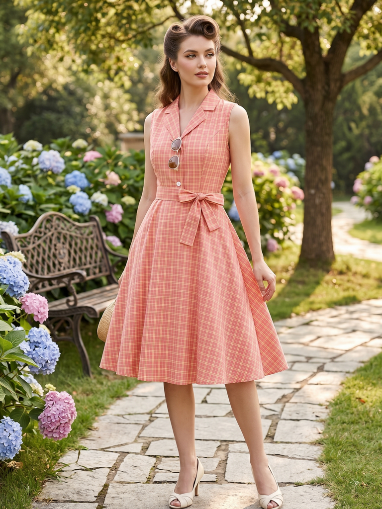 Pink 1950s Plaid Buttoned Lapel Belted Dress