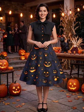 Black 1950s Halloween Pumpkin Patchwork Dress