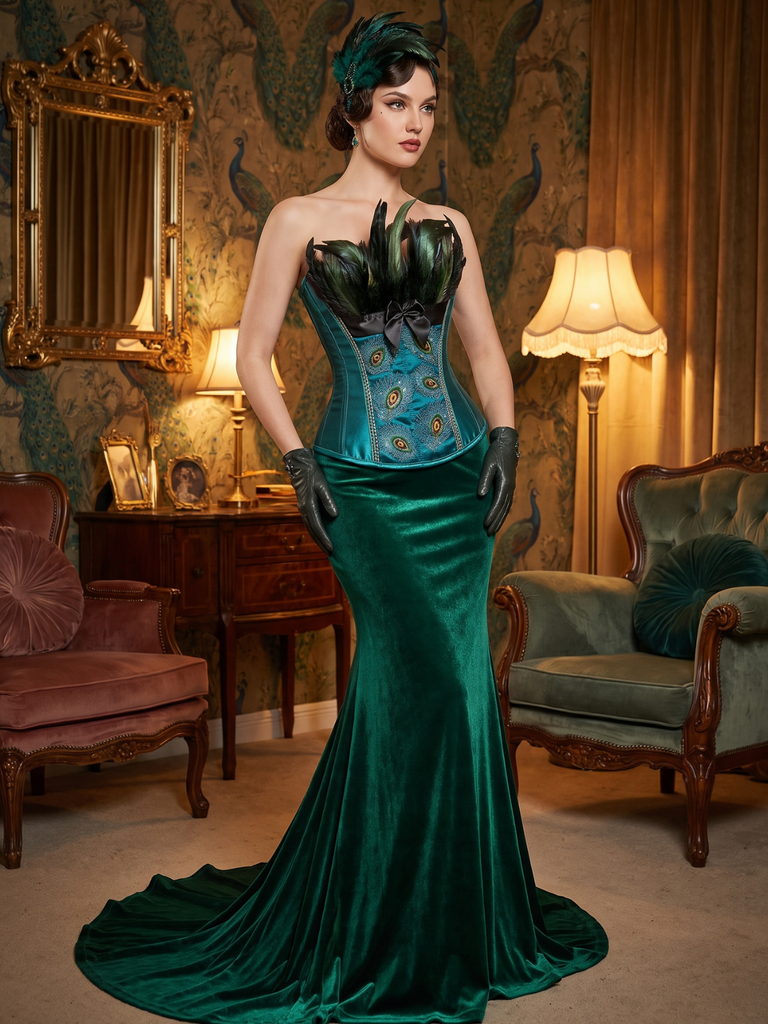 Teal 1930s Peacock Feather Embroidered Corset