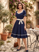 Navy Blue 1950s Nautical Square Neck Belted Dress