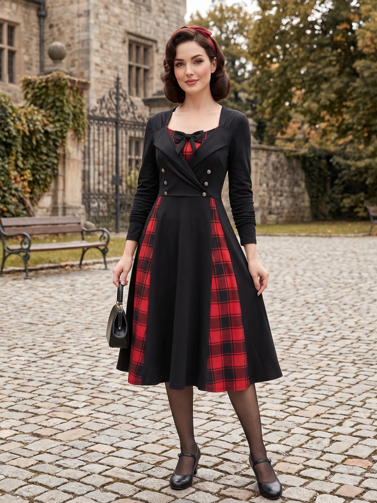 1950s Plaid Patchwork Gothic Pleated Dress