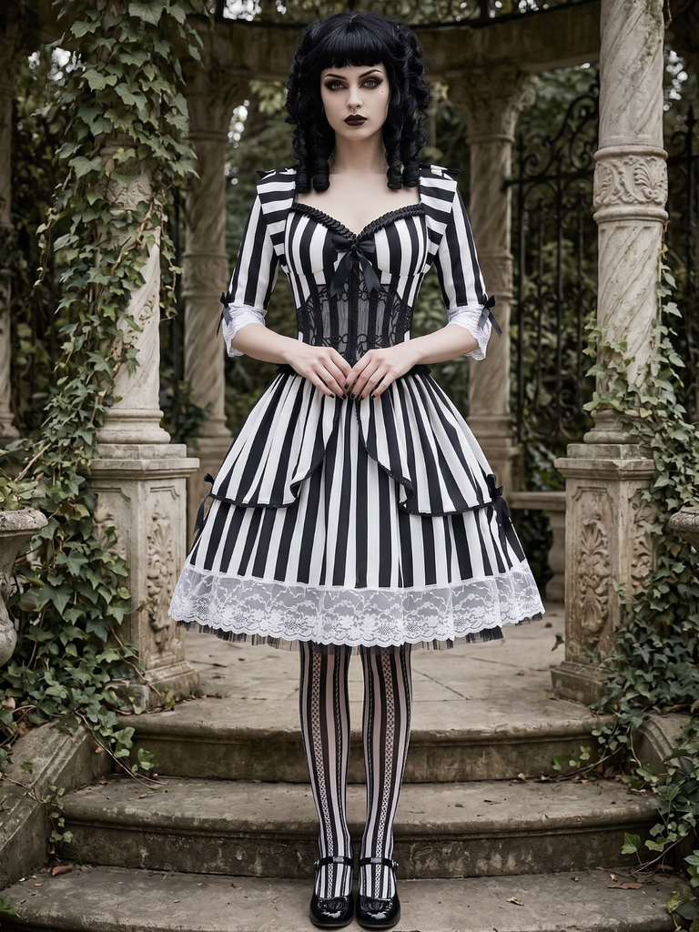 Black & White 1970s Lace Patchwork Stripe Dress
